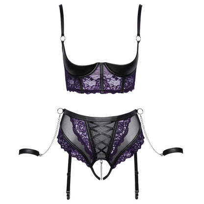 Cottelli Quarter Cup Bra, Suspender Briefs and 2 Handcuffs