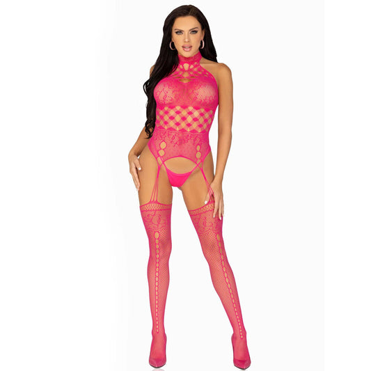 Leg Avenue High Neck Halter Net And Lace Suspender UK 6 to 12